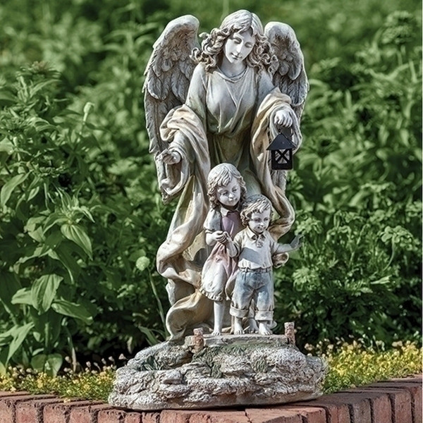 Guardian Angel Solar Power Sculpture Two boy girl Lights up at Night
